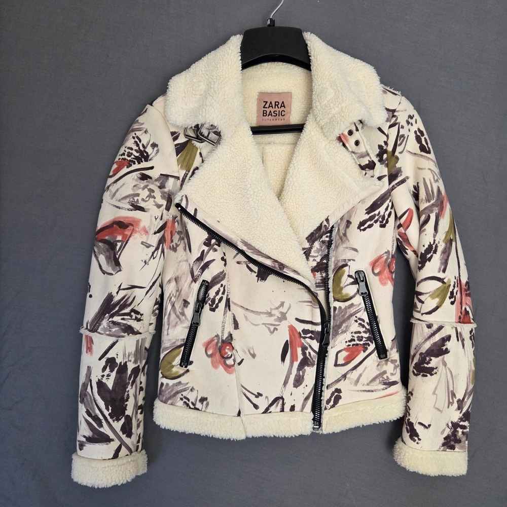 Zara Basic Painted Abstract Floral Faux Suede Shearling Moto Biker Jacket XS
